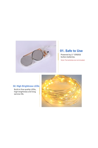 Mufunye Beyaz Işıklı Bakır Tel Led Işık Zinciri, 2m 20 Led, Noel Dekorasyonu, Partiler İçin Stüdyo Işığı, 2032 Pil Kutusu Pil Yok