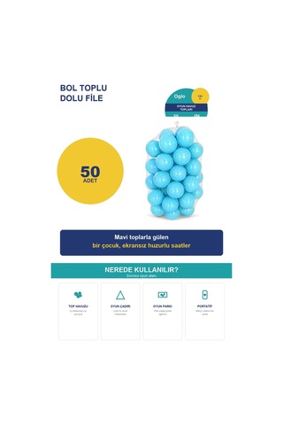 Mavi Havuz Topu 50 Adet Yumuşak Oyun Havuzu Topları, Filede 1+ Yaş