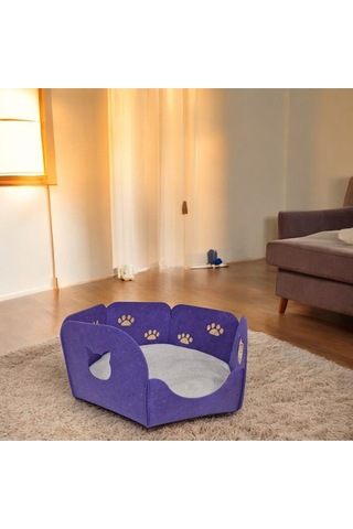 Kedi Yatağı Yuvası Evi Minderli Taşınabilir 3 Mm Keçe Altıgen Tasarım Yuva+minder Mor