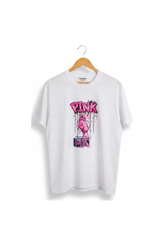 Pembe Panter Baskılı Oversize Erkek Pamuklu T-shirt Beyaz