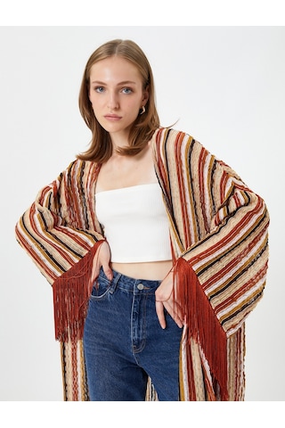 Koton Oversize Kimono Püskül Detaylı Etnik Görünümlü Kahverengi Çizgili 3sak30072ek 3SAK30072EK5S0 Kahverengi