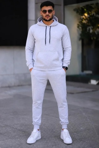 Suma Erkek Kapüşonlu Kanguru Cepli Sweatshirt Jogger Pantolon Eşofman Takımı Beyaz