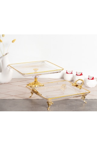 Elta Collection 2 Li Paşabahçe Kristal Metal Ayaklı Yaldızlı Kare Pasta Sunumluk Kurabiyelik Gold