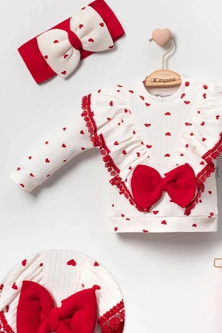 Babydonat Fiyonklu Kalp Desenli % 100 Pamuk 3'lü Kız Takımmmm Kırmızı