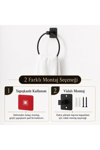 Lexroo Siyah Kare Yuvarlak Havluluk, Yapışkanlı Ve Vidalı Montajlı Duvara Monte Halka Havlu Askısı