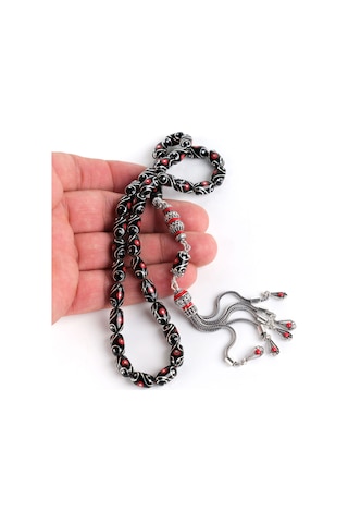 Erzurum Oltu 925ayar Gümüş Püskül Mercan Ve Gözyaşı İşlemeli Kapsül Kesim 6.5x11.5mm Tesbih - Yusuf Akansel Usta El İşi Gümüş - Siyah