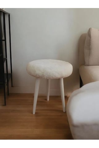 Neta Home Ahşap Ayak Dekoratif Beyaz Peluş Puf Tabure Bench Yuvarlak Koltuk Sandalye Beyaz