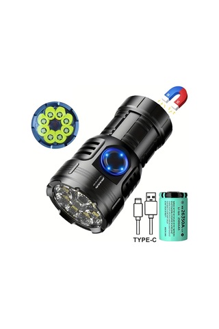 Yaozixa 3050 Lumen Ultra Parlak Fener, 8 Led 40w Çok Fonksiyonlu, Taşınabilir Mini El Feneri, 26650 Pil, Su Geçirmez, Mıknatıslı, Dış Mekan Bakım Için Siyah