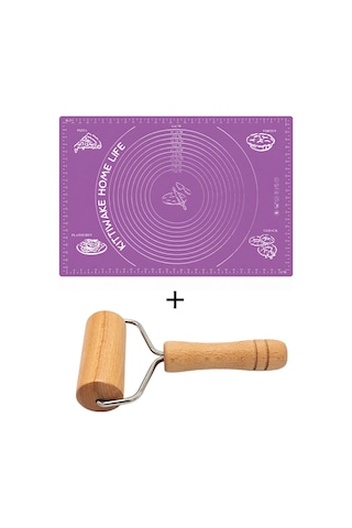 2 Li Mor Silikon Hamur Açma Matı 45x65 Cm Ve Ahşap Saplı Silindir Hamur Açıcı 19 Cm Diğer