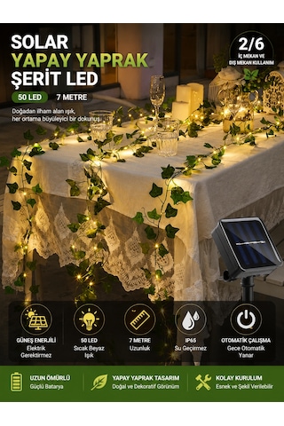 Solar Yapay Yaprak Şerit Led 7 Metre 50 Led, Güneş Enerjili Sarmaşık Dekoratif Aydınlatma, Balkon Bahçe Duvar Süs Lambası