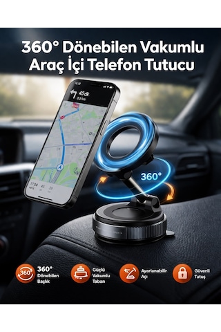 360 Dönebilen Vakumlu Ayarlanabilir Araç İçi Magsafe Uyumlu Telefon Tutucu Siyah