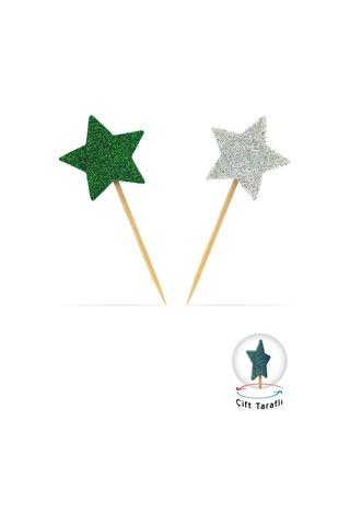 Beyaz-yeşil Çift Taraflı Yıldız Simli Kürdan Cupcake Toppers Cupcake Çubuğu 12'li