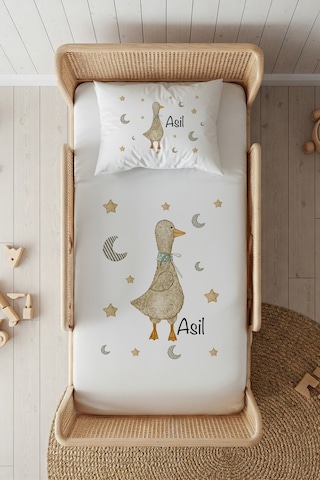 %100 Pamuk Saten İsme Özel İsimli 100x200 Tek Kişilik Lastikli Çarşaf Seti Ördek Beyaz