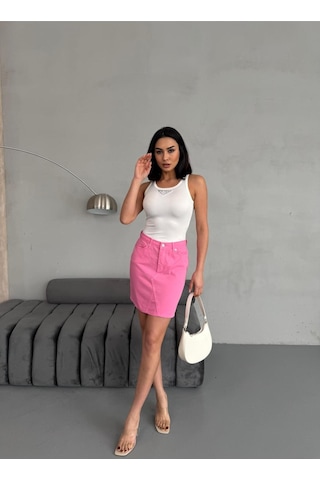 Zeo Basic Dikiş Detaylı Mini Pink Etek Pembe