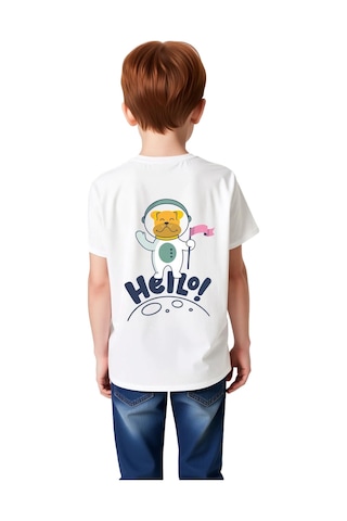 Paybuy Çocuk Uzay Astronot Baskılı Kısa Kollu Tişört Retro Grafik Merhab beyaz
