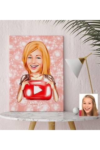 Kişiye Özel Kadın Youtuber Karikatürlü Kanvas Tablo 30X50Cm-1