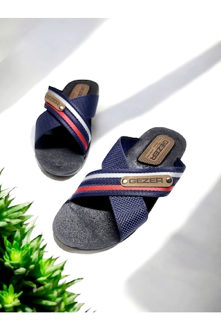 Gezer Erkek Çapraz Bant Rahat Taban Ev Ve Dışarı Terliği Lacivert - Kırmızı - Beyaz