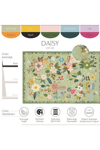 Cool Halı Daisy Mint Yeşili Çok Renkli Çiçekli Şönil Dokuma Yıkanabilir Ev Oturma Odası Salon Halısı Yeşil