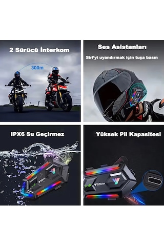 Y20 Max Su Geçirmez Kask 2 Kişi Bağlantılı Rgb Intercom