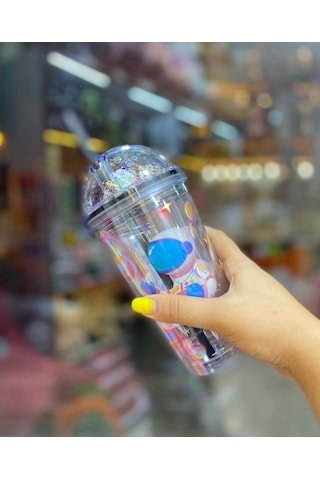 Pipetli Bardak Matara Sevimli Suluk 450 Ml Çift Astronot Figürlü Mavi