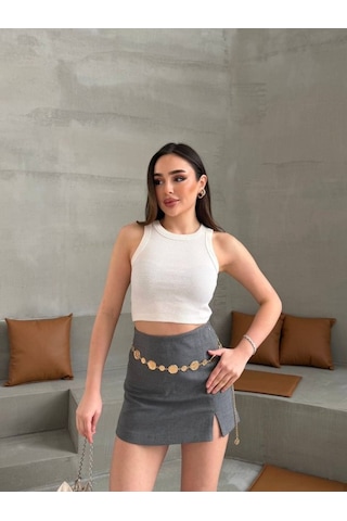Dogutrend Kadın Halter Yaka Fitilli Esnek Crop Atlet Bej