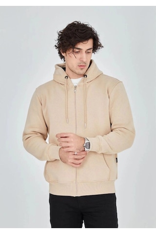Freedom Store Erkek 3 İplik Pamuklu Kapüşonlu Tam Fermuarlı Cepli Hoodie Sweatshirt - Bej