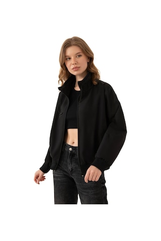 Spor Kadın Dik Yaka Su Ve Rüzgar Geçirmez Oversize Crop Mevsimlik Yağmurluk Rüzgarlık Siyah