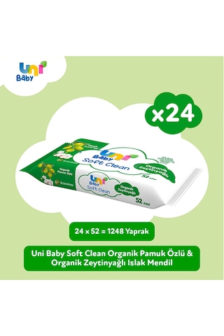 Uni Baby Soft Clean Organik Pamuk Özlü & Organik Zeytinyağlı Islak Mendil 24x52 Adet UNI-9122