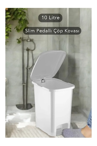 Slim Pedallı Banyo Mutfak Çöp Kovası 10 Litre Ergonomik Tasarım Plastik Malzeme İle Kullanışlı Beyaz