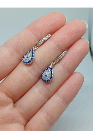 925 Ayar Gümüş Damla Şekilli Nazar Boncuğu Desenli Taşlı Küpe Zarif Ve Anlamlı Tasarım Gümüş