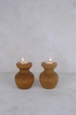 2 Li Büyük Boy Nar Model Tealight Ahşap Şamdan Seti Dekoratif