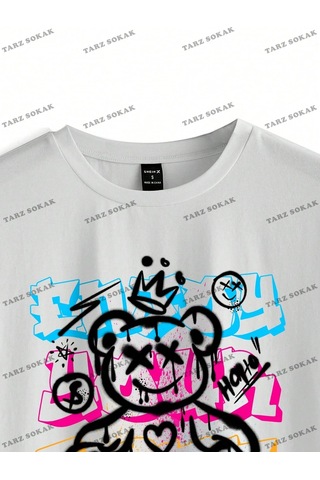 Tarzsokak Unisex Bay Desen Baskılı Düşük Omuzlu T-shirt Kod-1334 Beyaz