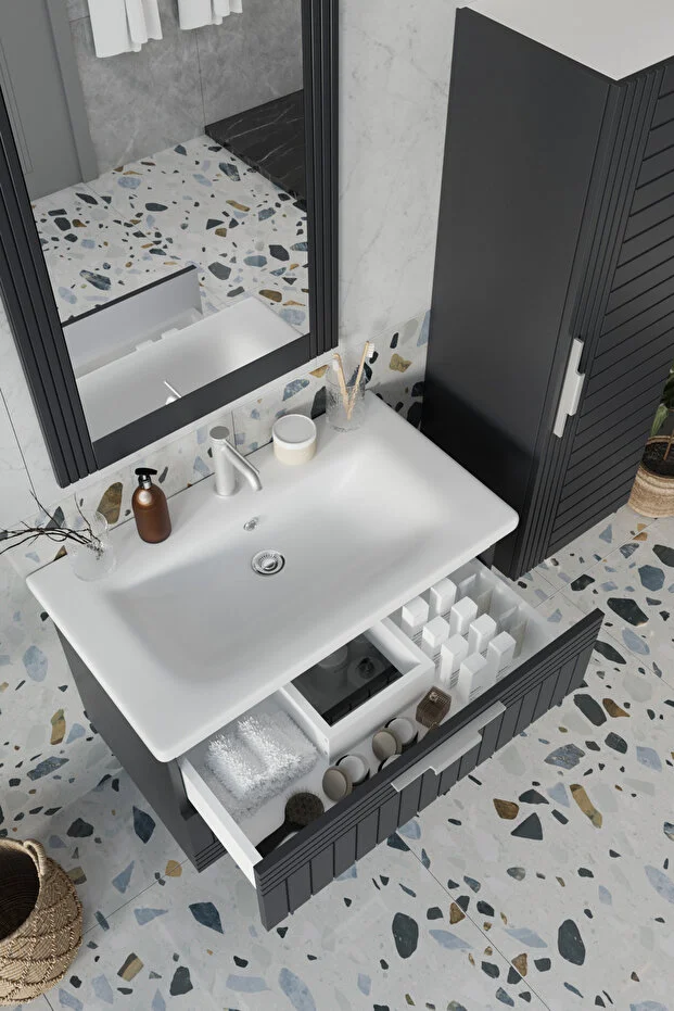 Erguvan Gümüş Kulp Antrasit 80 Cm %100 Mdf Lavabolu Banyo Dolabı Ayna Lavabo Boy Dolabı Antrasit