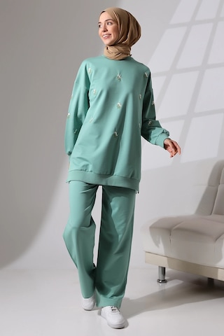 Mihran Butik Kadın Mint Yeşili Mevsimlik Penye Alt Üst Spor Ve Rahat Ikili Tunik Pantolon Şık Tesettür Takım Mint Yeşili