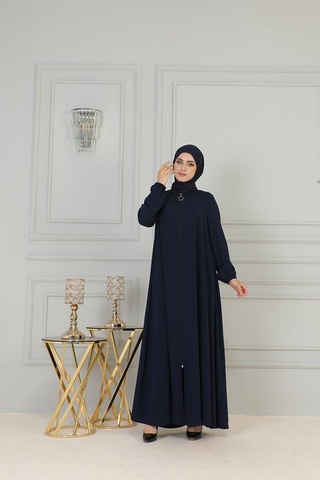 Boydan Fermuarlı Medine İpeği Ferace Brc2305 Lacivert 001