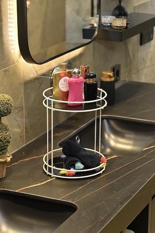 Bej Banyo Organizer Kozmetik Takı Parfüm Havlu Düzenleyici Sunum Tepsisi Pleksili -metal Paslanmaz Renkli