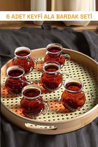 6lı Bardak Takımı Kulplu Çay Fincanı Bardağı Seti Royal Keyfi Ala Borosilikat Cam Isıya Dayanıklı