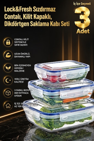 Sızdırmaz Silikon Contalı, Hava Almayan Kilitli Kapaklı, 3 Boy Saklama Kabı Seti (310,565,975 ml)