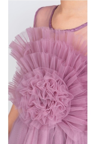 Mnk Baby & Kids Uzun Etekli , Askılı Kız Cocuk Gül Motif Abiye Elbise M00670 Mürdüm