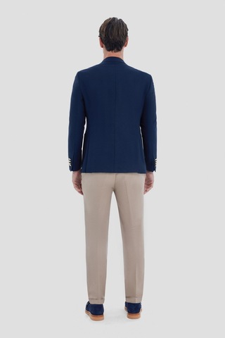 Erkek Lacivert Dar Kesim Slim Fit Viskon Çift Yırtmaçlı Torba Cep Tam Astarlı Mono Yaka 6 Drop Casual Ceket