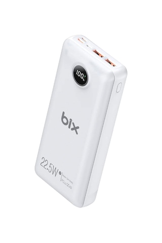 Bix Üç Portlu 20000 mAh 22.5 W Hızlı Şarj 4.0 PD Giriş/Çıkışlı Led Göstergeli Powerbank Beyaz