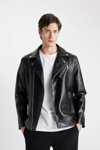 Defacto Slim Fit İnce Suni Deri Mont Ceket Dar Kesim Fermuarlı Üç Cepli Astarlı Mevsimlik Hafif C5715AX24AUBK27 Siyah