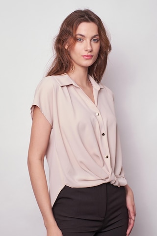 Likrasız Şık Kumaş Yakalı Düşük Omuzlu Önü Pileli Gömlek-bej Bej