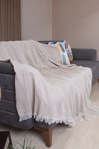 Pamuklu Zikzak Desenli Püsküllü Koltuk Örtüsü 170x210 Cm Dekoratif Ve Çok Amaçlı Bej