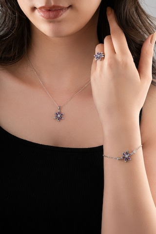 925 Ayar Ametist Taşlı Rodyum Lotus Çiçeği 3'lü Gümüş Set Rs10047 Gümüş