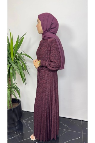 My312 Bordo Renk Jakarlı Pilise Elbise Çok Renkli