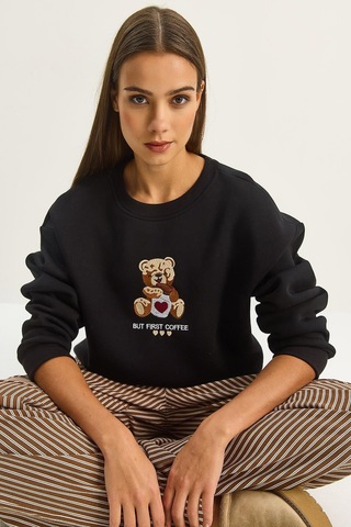 Shade Kadın Teddy Nakış Detaylı Üç İplik Şardonlu Sweatshirt 60601044 - Siyah
