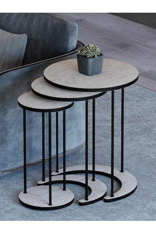 Alpa Ev Mobilya Ay 3 Lü Yuvarlak Zigon Sehpa Seti, Modern Metal Ayaklı C Model Şık Yan Sehpa Traverten