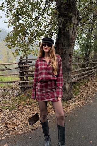Kırmızı Ekose Gömlek Elbise - 4989 Kırmızı