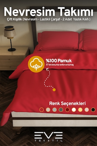 Eve Tekstil %100 Pamuk Ranforce Çarşaflı Yastık Ve Yorgan Kılıflı Çift Kişilik Nevresim Takımı 200x220 Cm Kırmızı